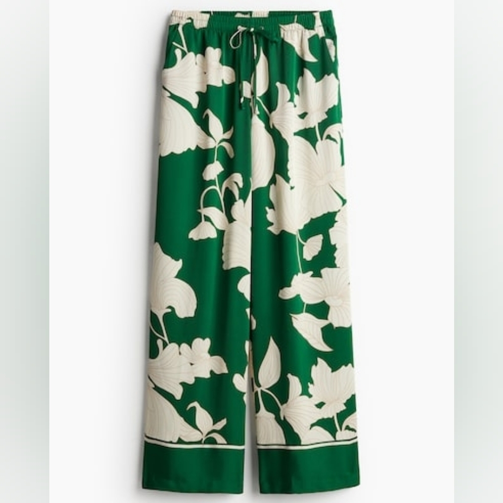 H&m Co-ord Set pajama style shirt × flowy pants floral green ecru BNWT - Picture 12 of 15